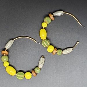 Yellow Green Brown Gold Stone Beaded Hoop Earrings